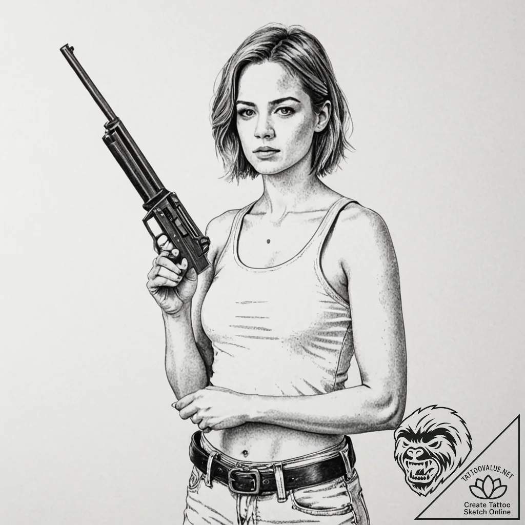 A sketch of sarah connor from t2, strong and... - tattoo sketch (№1752790907_0, 17.07.2025 22:21) — tattoovalue.net