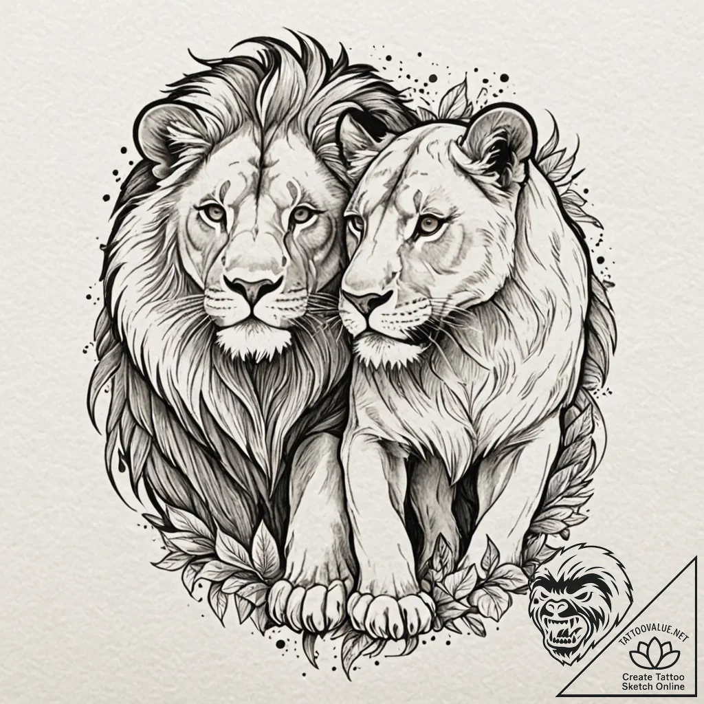 Tattoo design a lion and lioness together, sy... - tattoo sketch (№1752791382_0, 17.07.2025 22:29) — tattoovalue.net