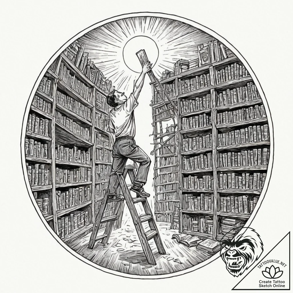 Photo of a librarian on a ladder, reaching fo... - tattoo sketch (№1752792812_0, 17.07.2025 22:53) — tattoovalue.net