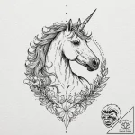 A linework tattoo of a unicorn, in a medieval… – tattoo sketch (№1752792895_0, 17.07.2025 22:54) — tattoovalue.net