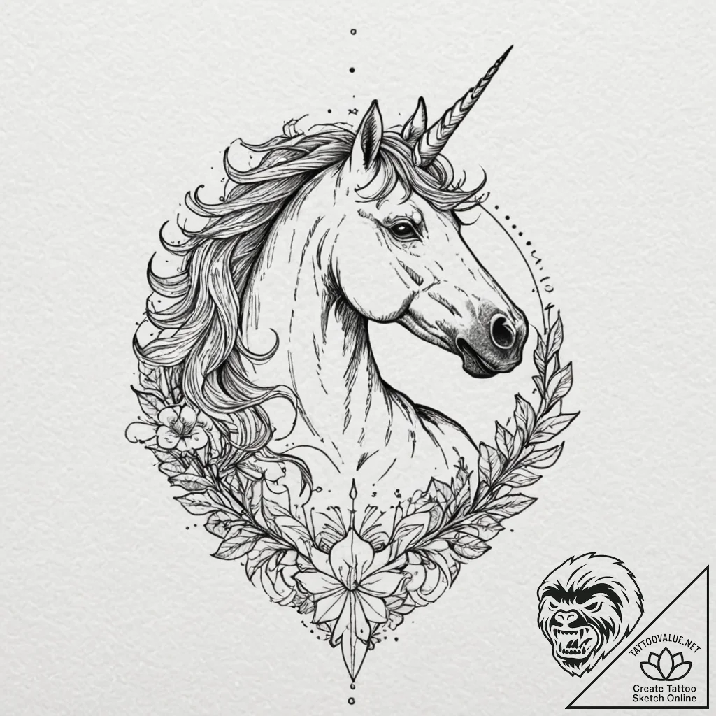 A linework tattoo of a unicorn, in a medieval... - tattoo sketch (№1752792895_0, 17.07.2025 22:54) — tattoovalue.net