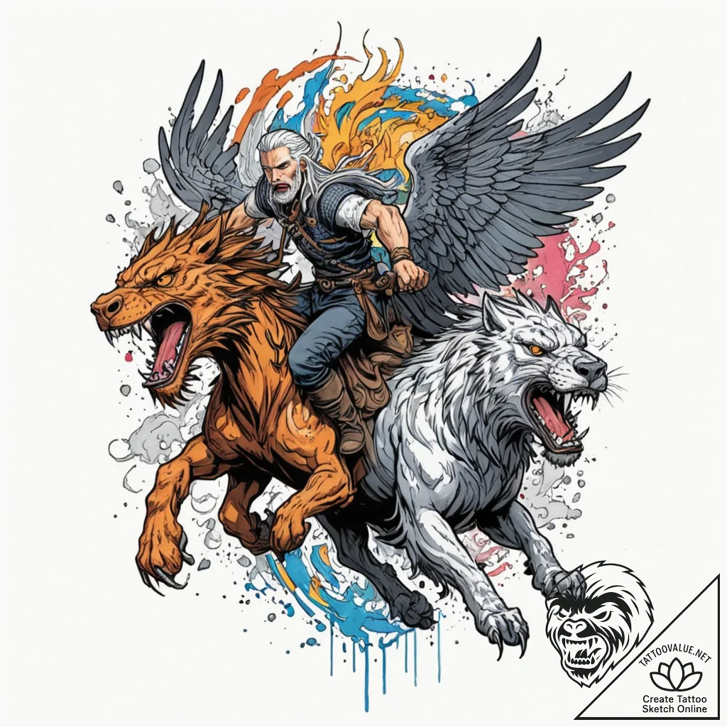 A graphic novel style tattoo of geralt fighti... - tattoo sketch (№1752793133_0, 17.07.2025 22:58) — tattoovalue.net