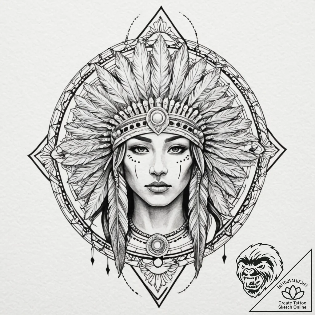 Tattoo sketch a native american warrior's hea... - tattoo sketch (№1752793290_0, 17.07.2025 23:01) — tattoovalue.net