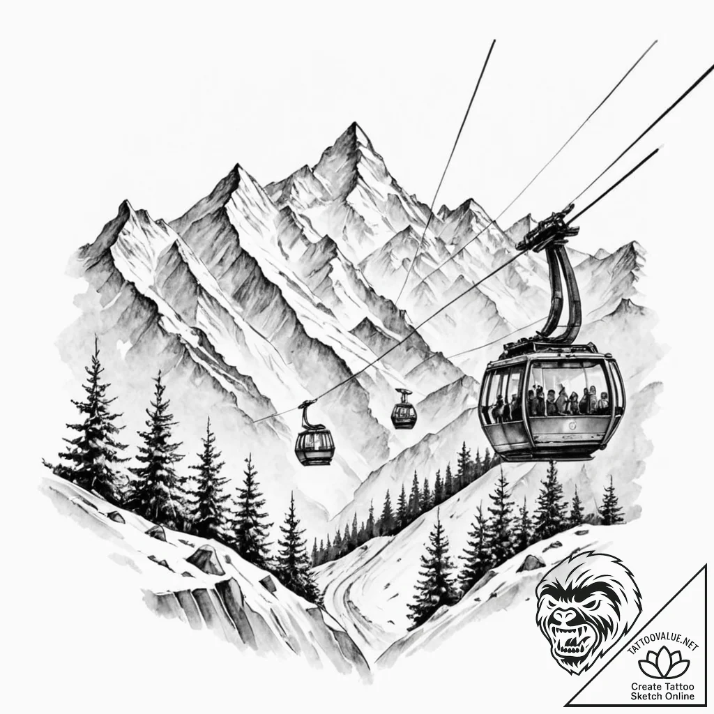 The view from a cable car ascending a snowy m... - tattoo sketch (№1752795912_0, 17.07.2025 23:45) — tattoovalue.net