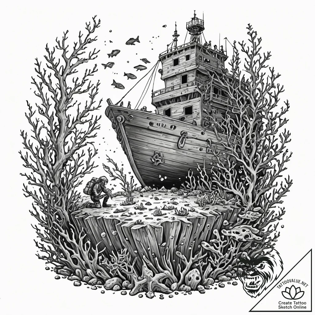 A diver discovering an old shipwreck overgrow... - tattoo sketch (№1752833260_0, 18.07.2025 10:07) — tattoovalue.net