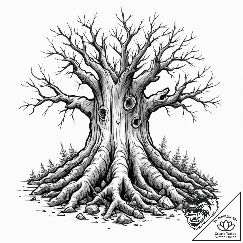 Tattoo sketch a strong, gnarled tree stump, s... - tattoo sketch (№1752835069_0, 18.07.2025 10:37) — tattoovalue.net