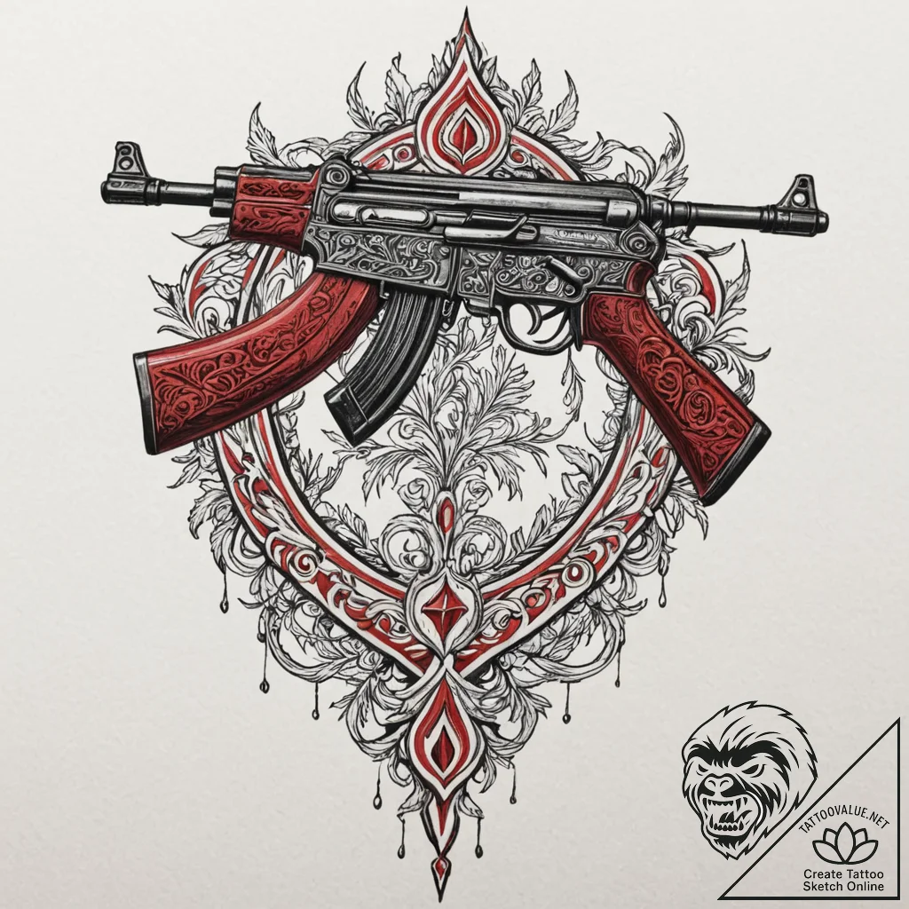 Ak-47 machine gun, tattoo line art, neo tradi... - tattoo sketch (№1752836613_0, 18.07.2025 11:03) — tattoovalue.net