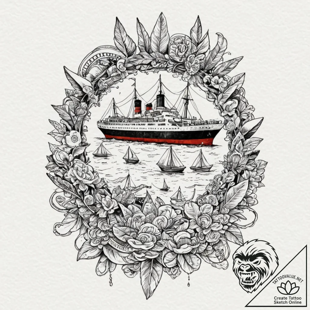 Ship, tattoo flash sheet design, muted color... - tattoo sketch (№1752840744_0, 18.07.2025 12:12) — tattoovalue.net