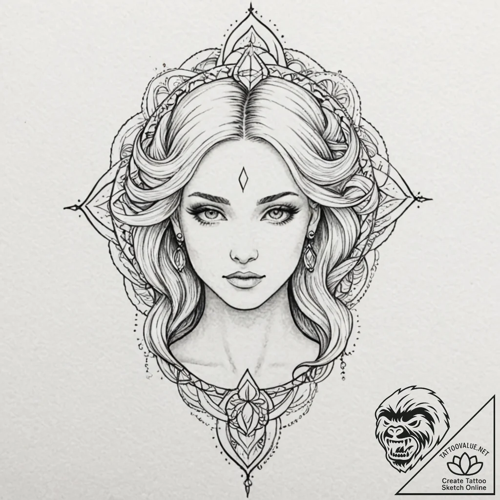 Tattoo design a virgo maiden's profile in bla... - tattoo sketch (№1752841074_0, 18.07.2025 12:17) — tattoovalue.net