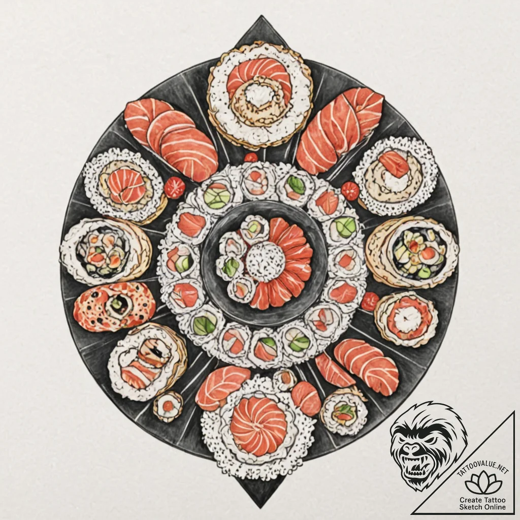 A spread of sushi and sashimi arranged artful... - tattoo sketch (№1752842300_0, 18.07.2025 12:38) — tattoovalue.net