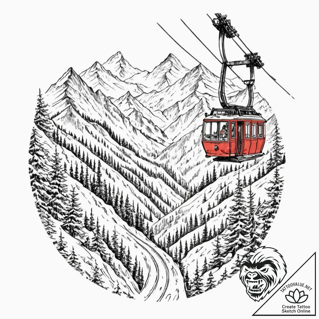 The view from a cable car ascending a snowy m... - tattoo sketch (№1752842705_0, 18.07.2025 12:45) — tattoovalue.net