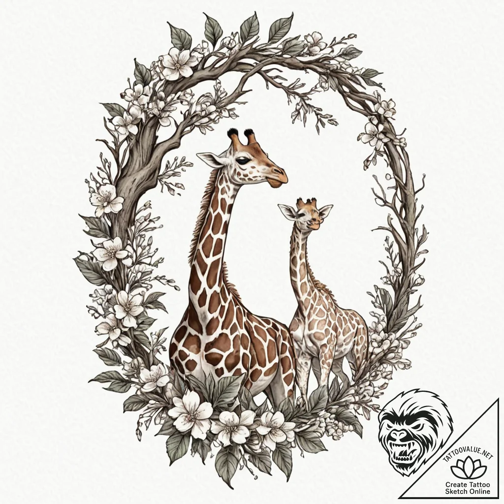 A giraffe gracefully eating leaves from a tal... - tattoo sketch (№1752844256_0, 18.07.2025 13:10) — tattoovalue.net