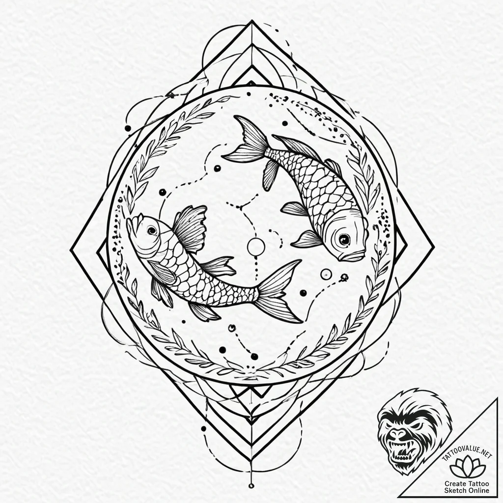 Tattoo design pisces fish in an abstract, ove... - tattoo sketch (№1752844333_0, 18.07.2025 13:12) — tattoovalue.net