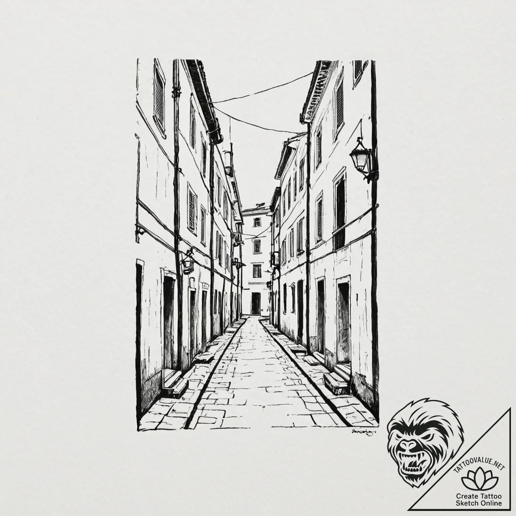 A quiet, forgotten alleyway in naples, italy,... - tattoo sketch (№1752844726_0, 18.07.2025 13:18) — tattoovalue.net