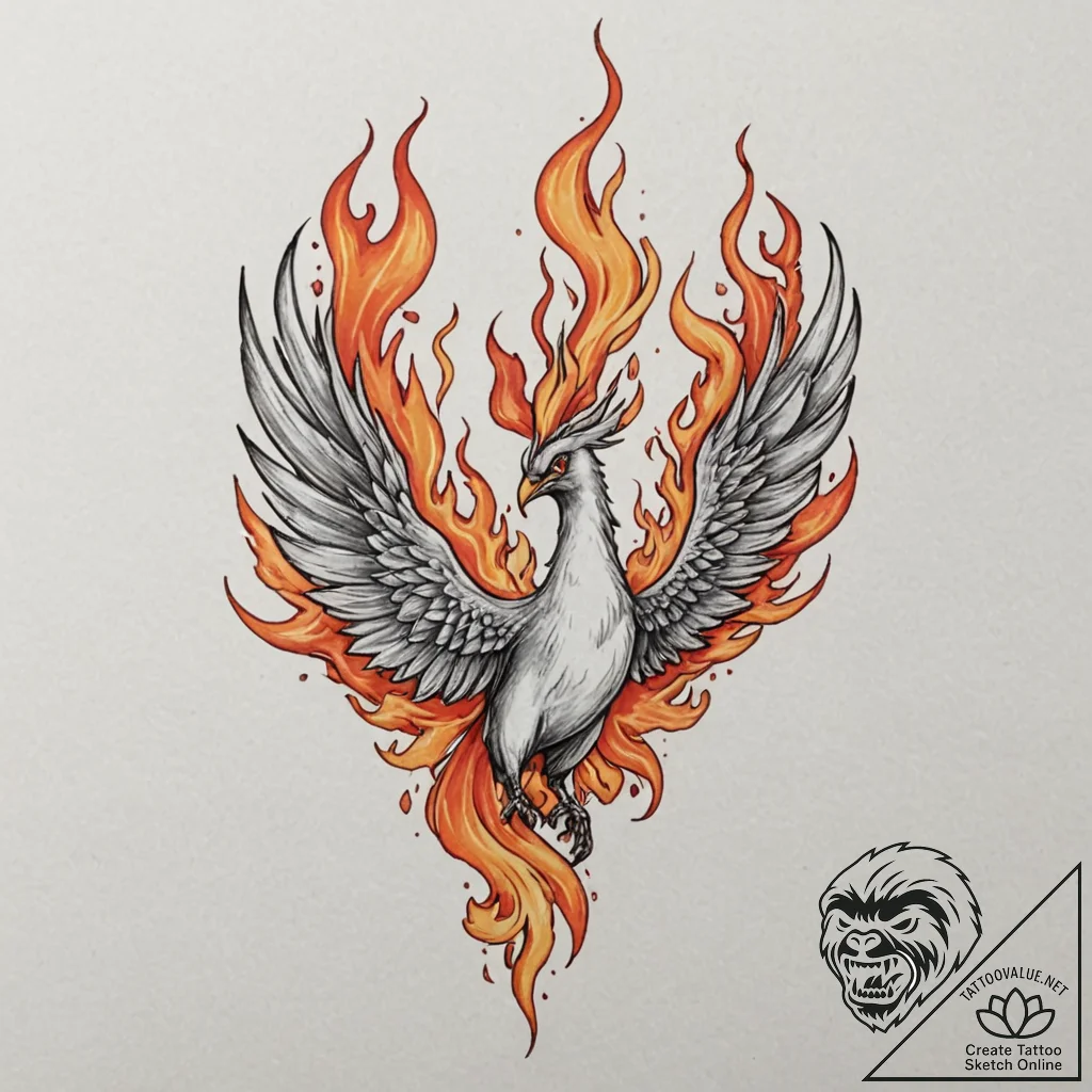 Tattoo sketch: a phoenix rising from flames,... - tattoo sketch (№1752845288_0, 18.07.2025 13:28) — tattoovalue.net