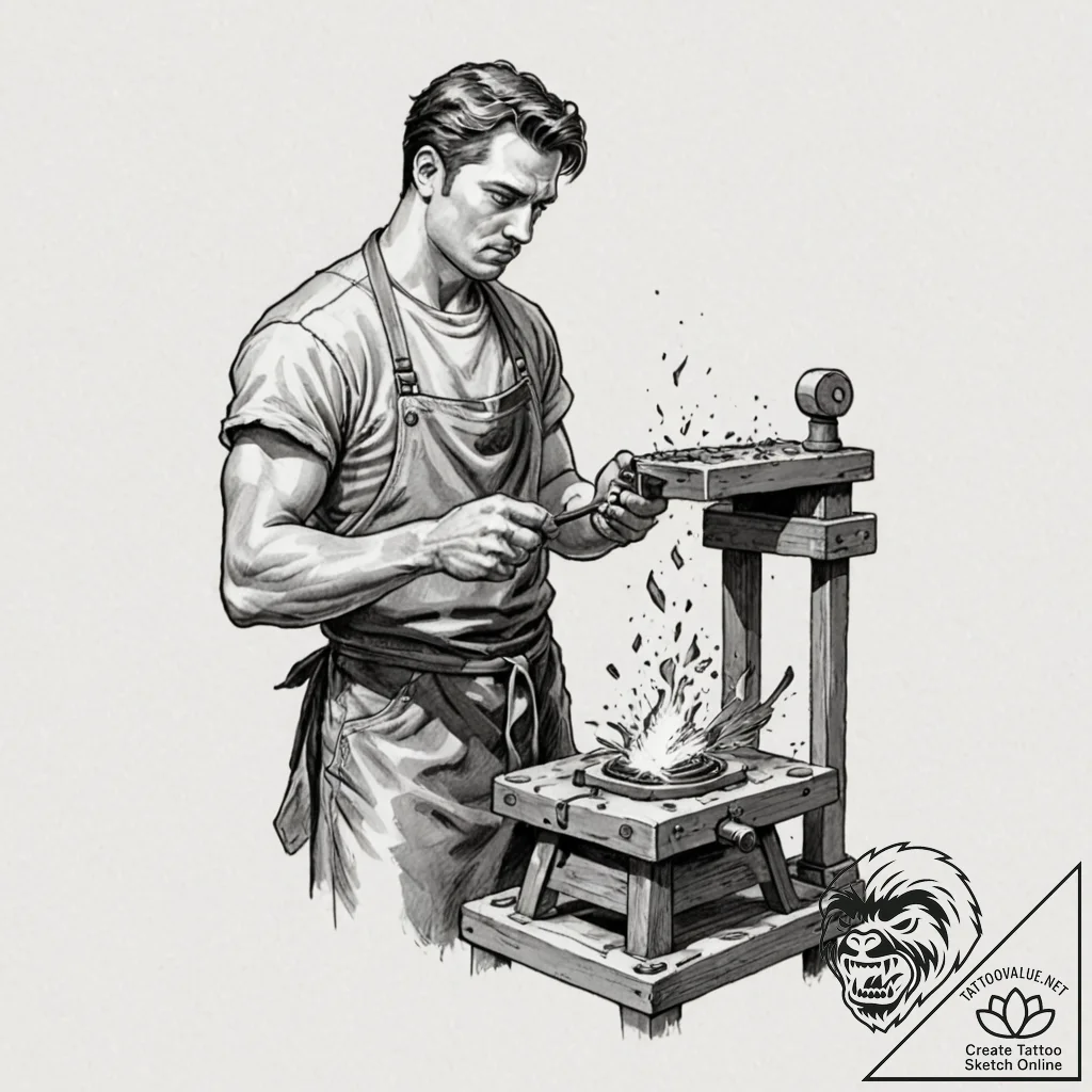 A detailed portrait of a blacksmith at work,... - tattoo sketch (№1752845790_0, 18.07.2025 13:36) — tattoovalue.net
