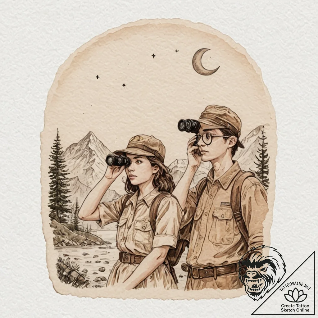 A sketch of the main characters from moonrise... - tattoo sketch (№1752845960_0, 18.07.2025 13:39) — tattoovalue.net