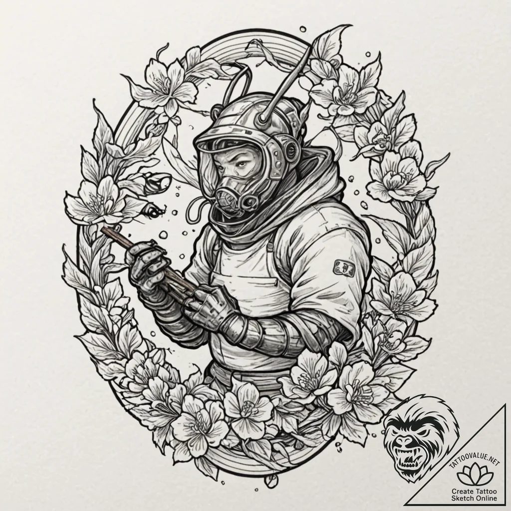 A portrait of a beekeeper holding a frame swa... - tattoo sketch (№1752846128_0, 18.07.2025 13:42) — tattoovalue.net