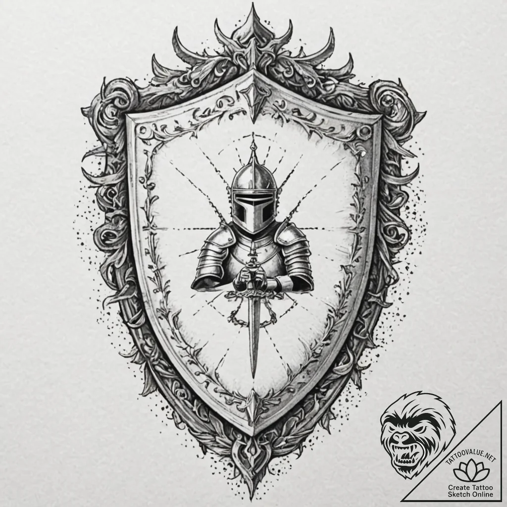 Tattoo sketch a knight's shield with battle d... - tattoo sketch (№1752846547_0, 18.07.2025 13:49) — tattoovalue.net