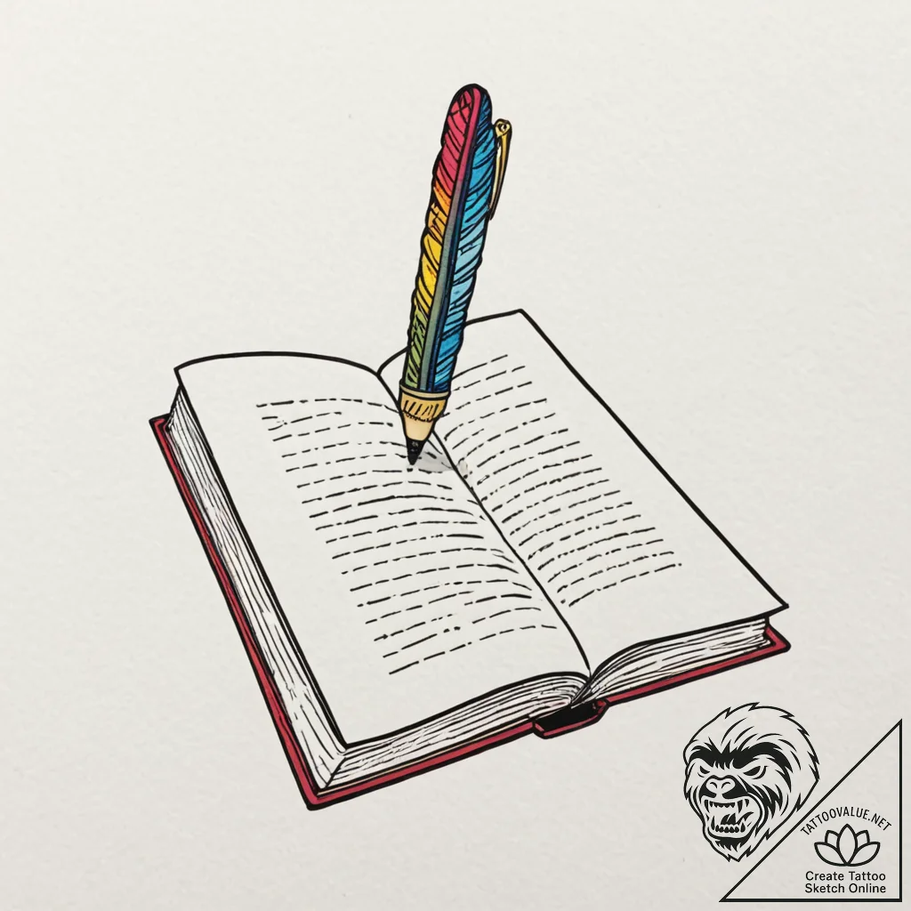 Tattoo sketch a quill pen on one, an open boo... - tattoo sketch (№1752847378_0, 18.07.2025 14:02) — tattoovalue.net