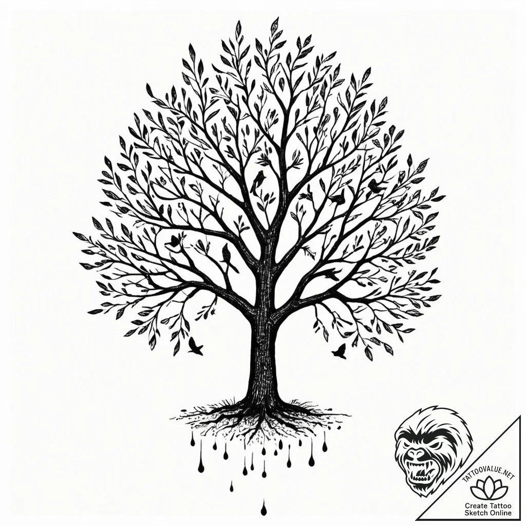 Tattoo design a tree whose leaves are tiny bi... - tattoo sketch (№1752847963_0, 18.07.2025 14:12) — tattoovalue.net
