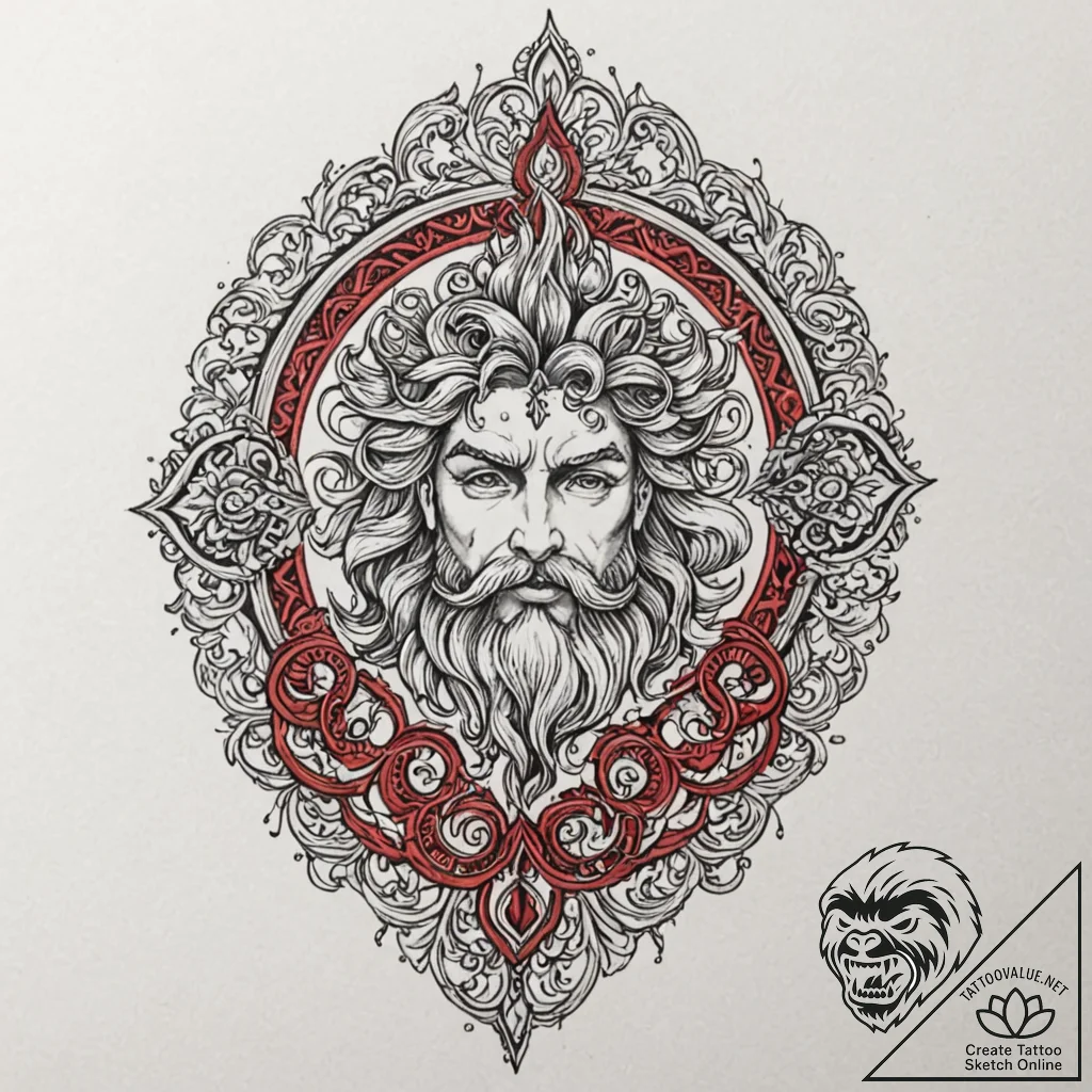 Poseidon, tattoo line art, black and red ink,... - tattoo sketch (№1752848468_0, 18.07.2025 14:21) — tattoovalue.net