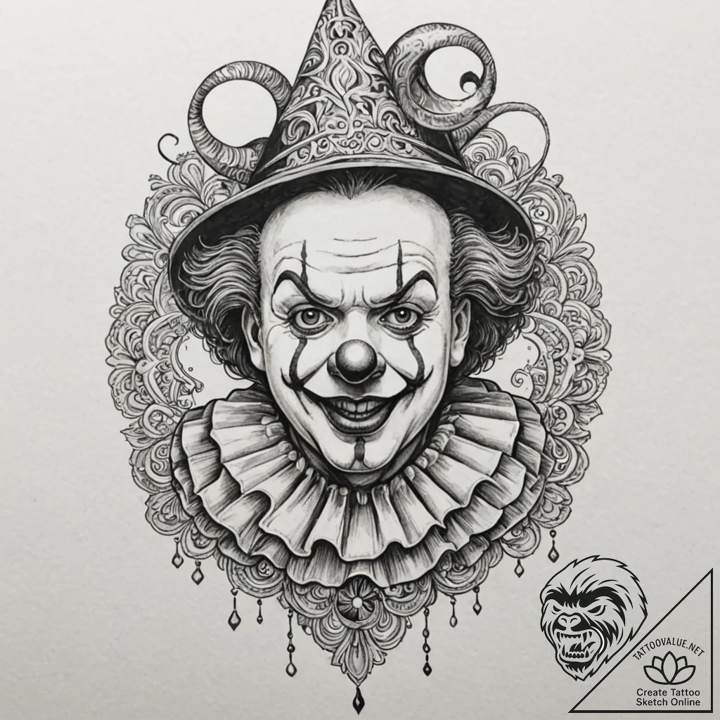 Clown, tattoo drawing outline, black and whit... - tattoo sketch (№1752848552_0, 18.07.2025 14:22) — tattoovalue.net