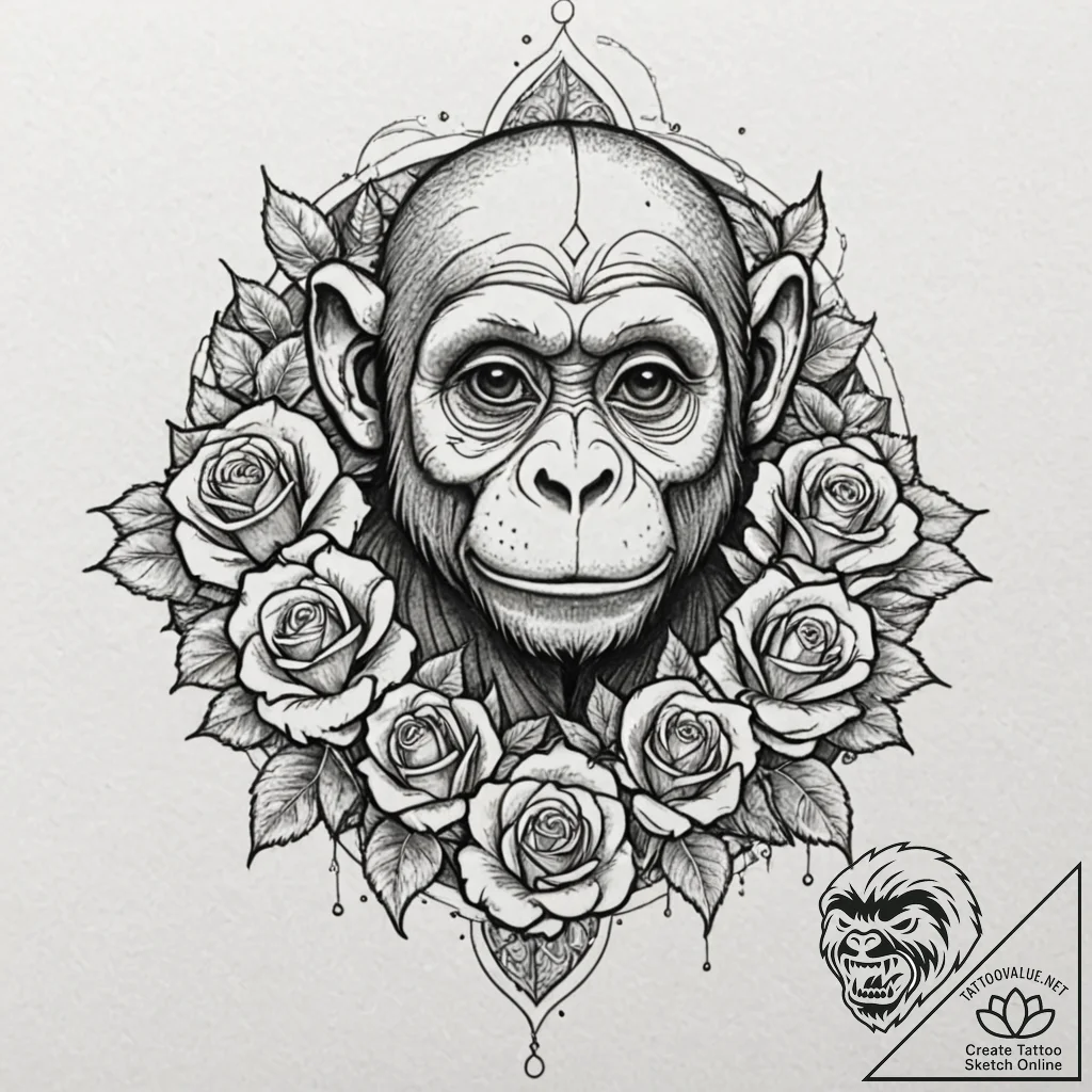 Monkey, tattoo drawing outline, black and gre... - tattoo sketch (№1752849826_0, 18.07.2025 14:43) — tattoovalue.net