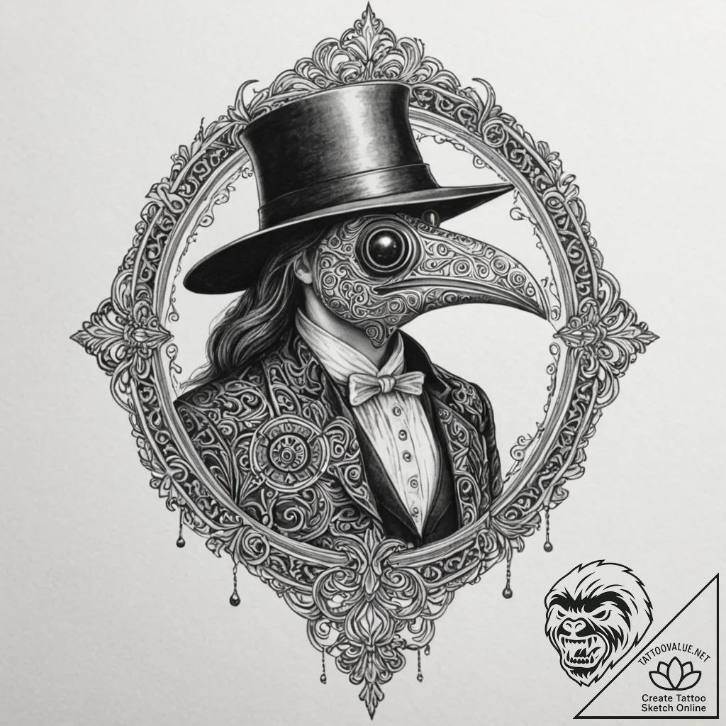 Plague doctor, artistic tattoo sketch, orname... - tattoo sketch (№1752850081_0, 18.07.2025 14:48) — tattoovalue.net