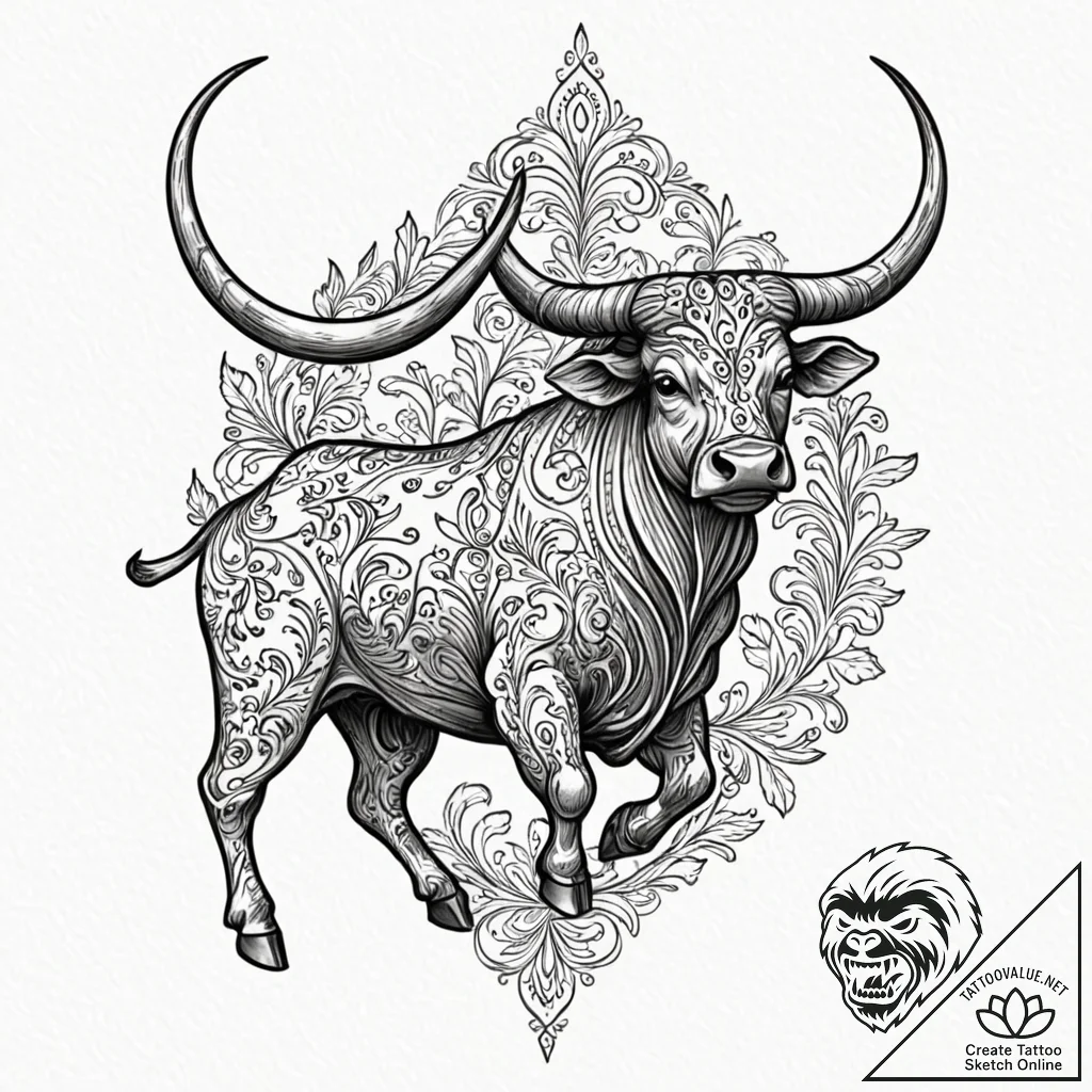 Tattoo design a delicate taurus bull silhouet... - tattoo sketch (№1752850504_0, 18.07.2025 14:55) — tattoovalue.net