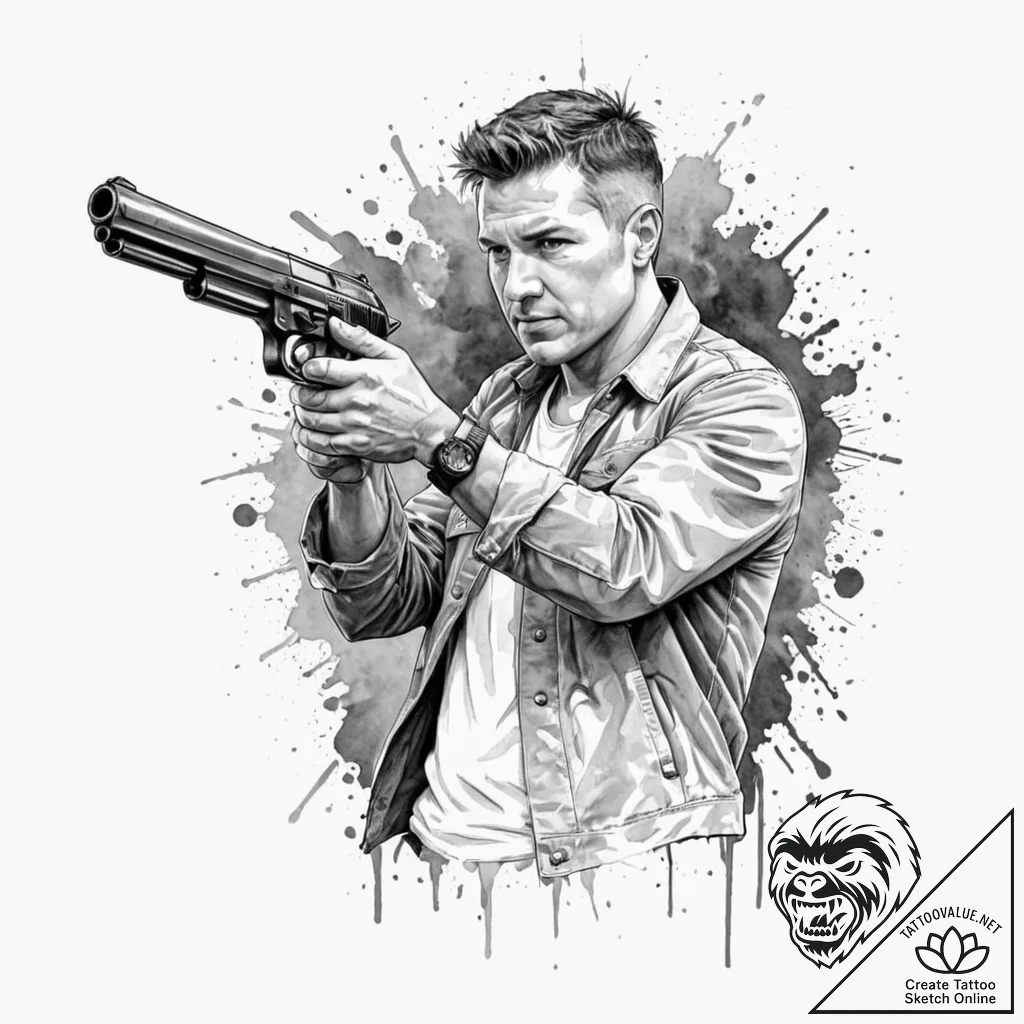 Graphic novel style panel of rick deckard aim... - tattoo sketch (№1752850675_0, 18.07.2025 14:57) — tattoovalue.net