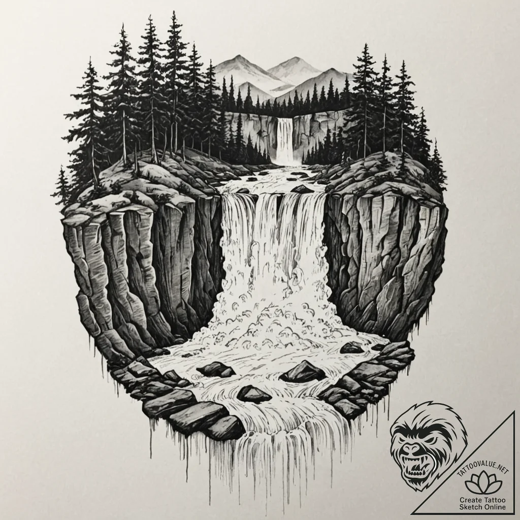 Tattoo design a powerful waterfall, constant... - tattoo sketch (№1752851622_0, 18.07.2025 15:13) — tattoovalue.net