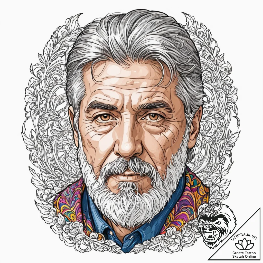 Graphic novel style portrait of a grizzled, o... - tattoo sketch (№1752852545_0, 18.07.2025 15:29) — tattoovalue.net