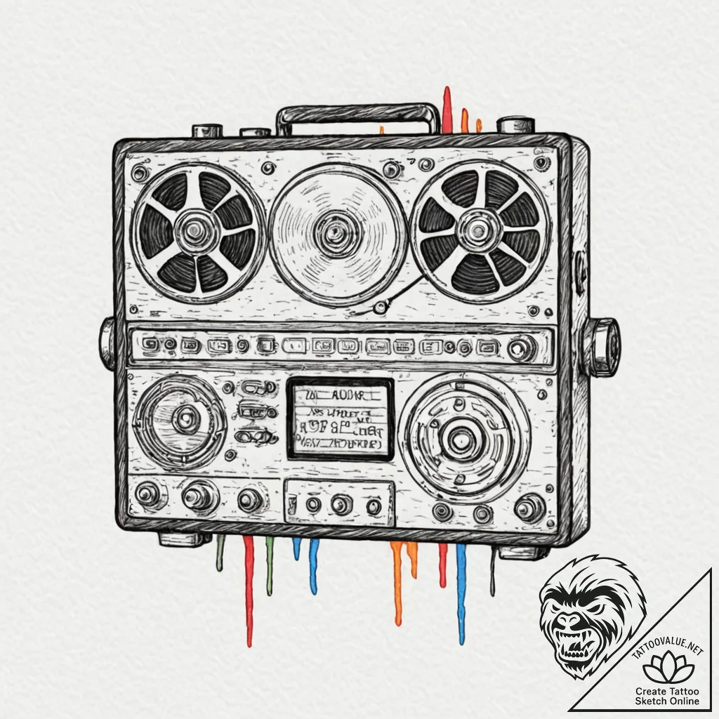 A linework tattoo of a tape recorder, the mai... - tattoo sketch (№1752852957_0, 18.07.2025 15:35) — tattoovalue.net