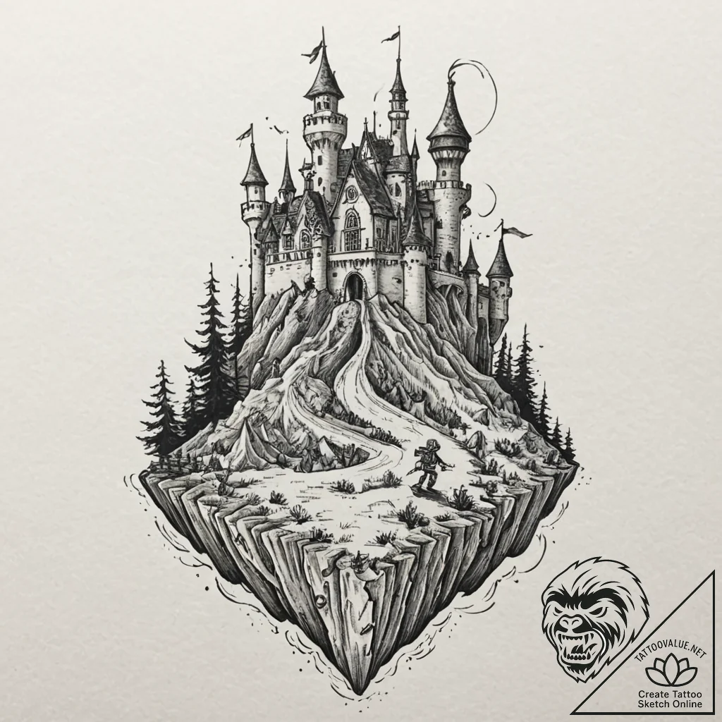 A linework tattoo of the magical moving castl... - tattoo sketch (№1752853457_0, 18.07.2025 15:44) — tattoovalue.net