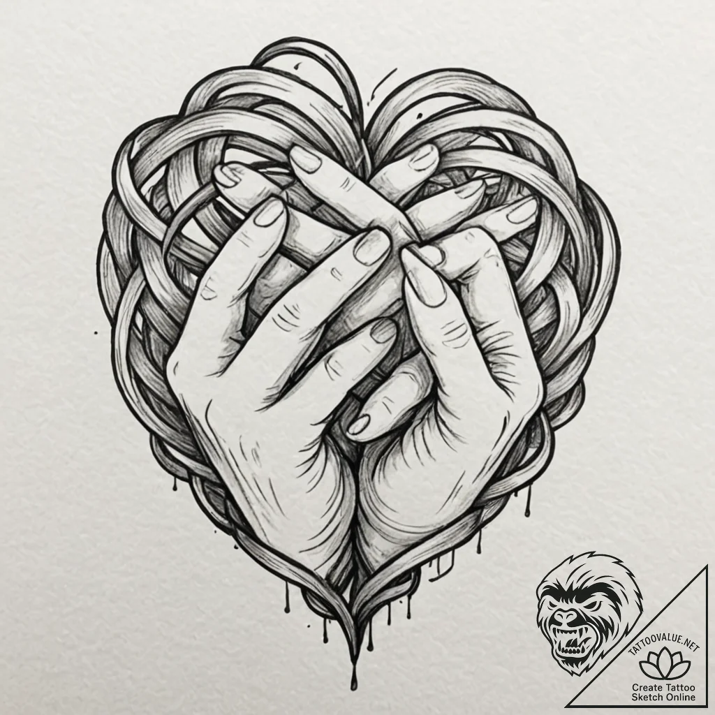 Tattoo design a heart made of intertwined fin... - tattoo sketch (№1752854570_0, 18.07.2025 16:02) — tattoovalue.net