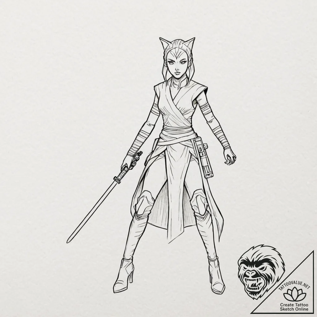 Linework tattoo of ahsoka tano with her two l... - tattoo sketch (№1752856440_0, 18.07.2025 16:34) — tattoovalue.net