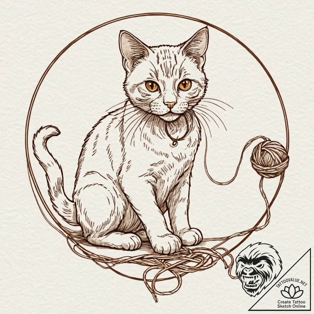 Tattoo design a small, mischievous cat playin... - tattoo sketch (№1752857032_0, 18.07.2025 16:43) — tattoovalue.net