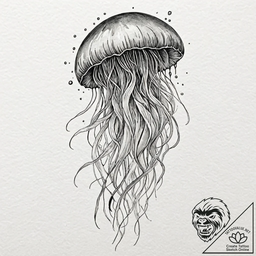 Jellyfish, tattoo line art, on a clean white... - tattoo sketch (№1752859087_0, 18.07.2025 17:18) — tattoovalue.net