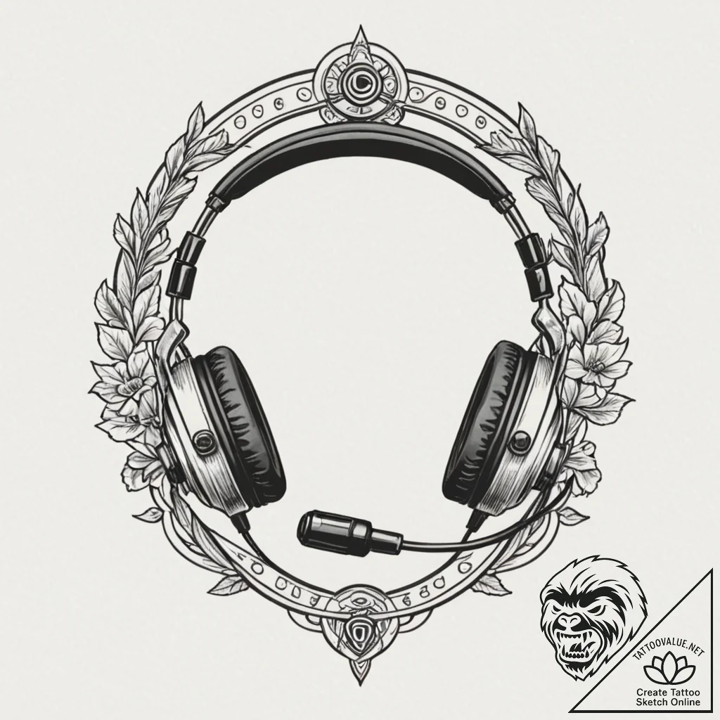Tattoo sketch a gaming headset with a microph... - tattoo sketch (№1752863523_0, 18.07.2025 18:32) — tattoovalue.net