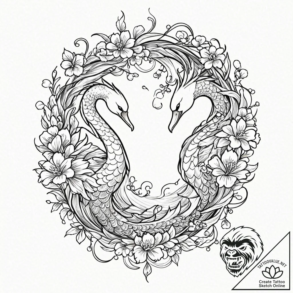 Tattoo sketch two entwined swans, representin... - tattoo sketch (№1752864205_0, 18.07.2025 18:43) — tattoovalue.net
