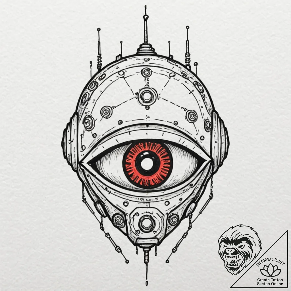 Tattoo sketch a robot's eye with a red glow a... - tattoo sketch (№1752864289_0, 18.07.2025 18:44) — tattoovalue.net