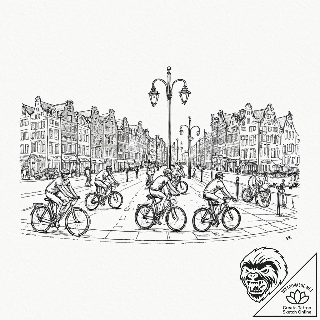 A shot of cyclists waiting for a traffic ligh... - tattoo sketch (№1752864373_0, 18.07.2025 18:46) — tattoovalue.net