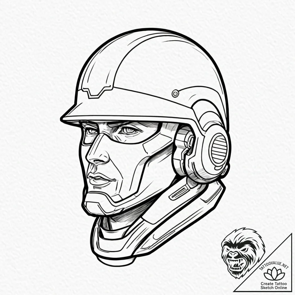 Tattoo design a sleek, futuristic soldier's h... - tattoo sketch (№1752864631_0, 18.07.2025 18:50) — tattoovalue.net