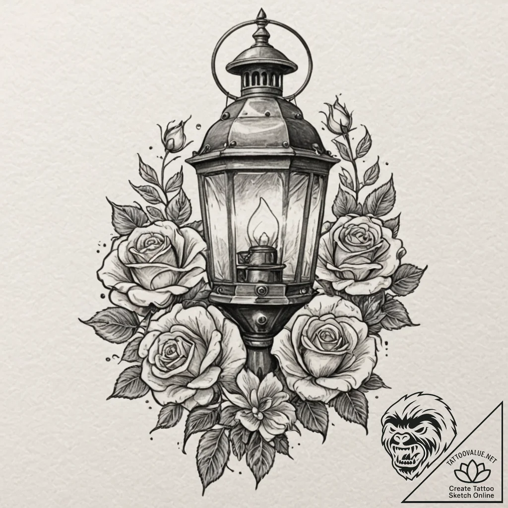 A flickering gas lamp on a historic, cobblest... - tattoo sketch (№1752868214_0, 18.07.2025 19:50) — tattoovalue.net