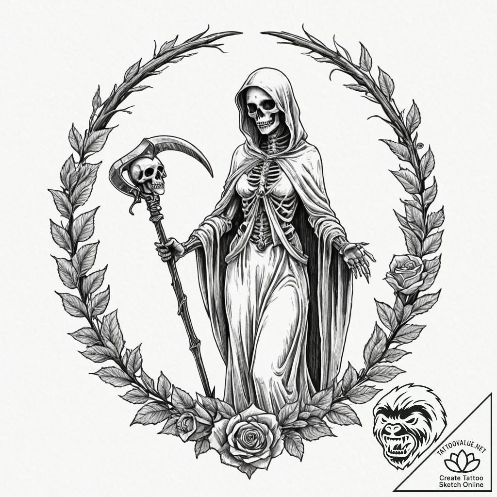 Tattoo sketch: marzanna depicted as a skeleta... - tattoo sketch (№1752868317_0, 18.07.2025 19:51) — tattoovalue.net