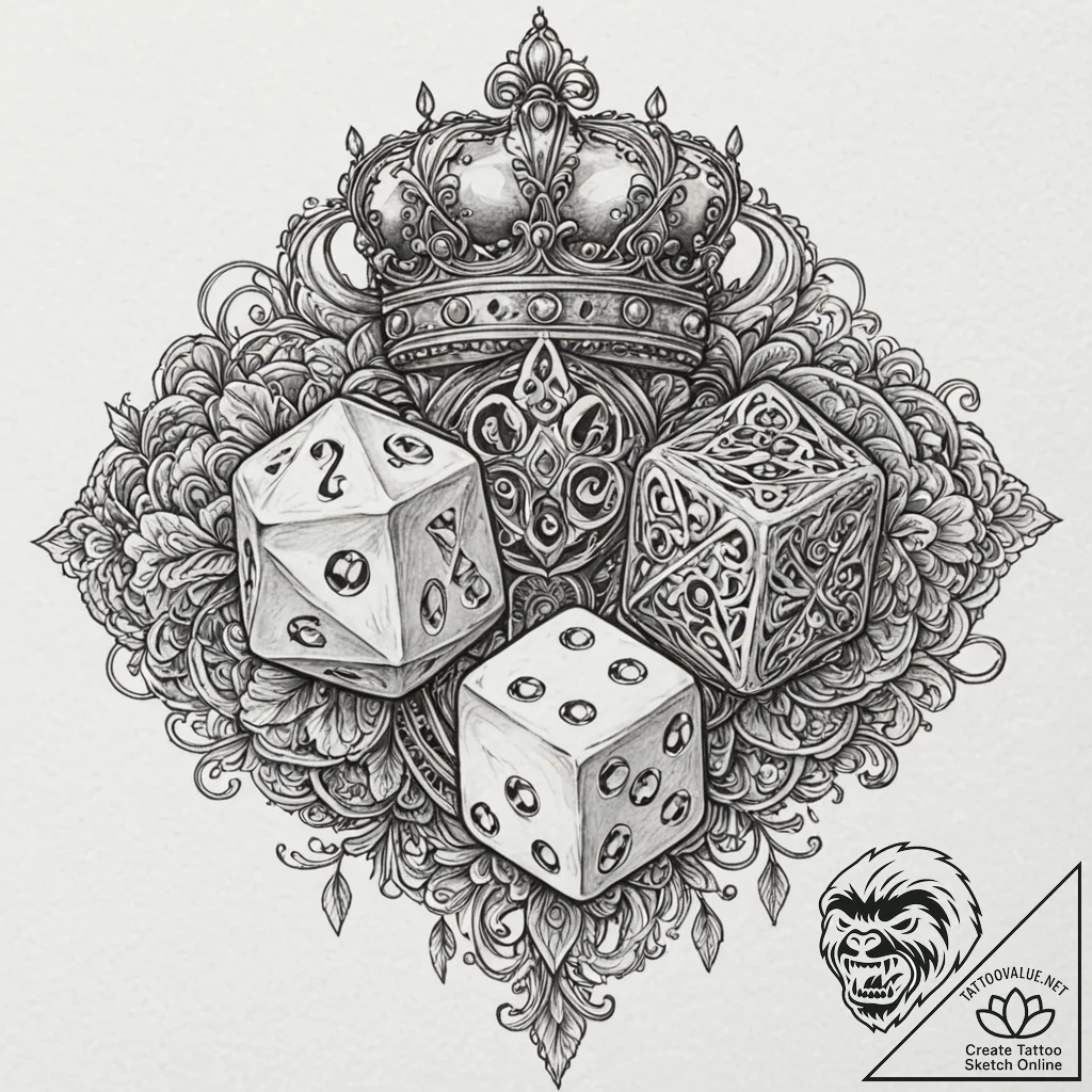 Tattoo design a pair of dice with crowns on t... - tattoo sketch (№1752870103_0, 18.07.2025 20:21) — tattoovalue.net