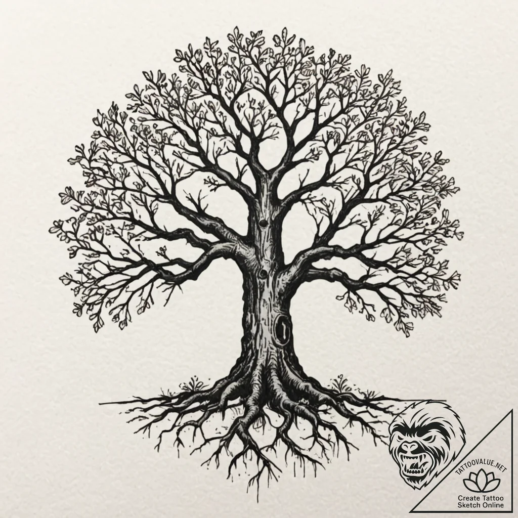 Tattoo design a pair of oak trees, their root... - tattoo sketch (№1752871034_0, 18.07.2025 20:37) — tattoovalue.net