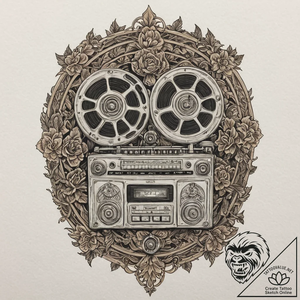 A linework tattoo of a tape recorder, the mai... - tattoo sketch (№1752873585_0, 18.07.2025 21:19) — tattoovalue.net