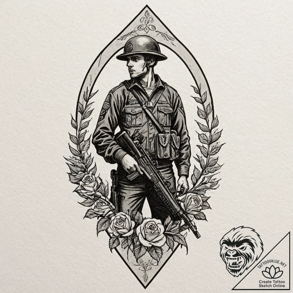 Tattoo sketch a silhouette of a soldier stand... - tattoo sketch (№1752874417_0, 18.07.2025 21:33) — tattoovalue.net